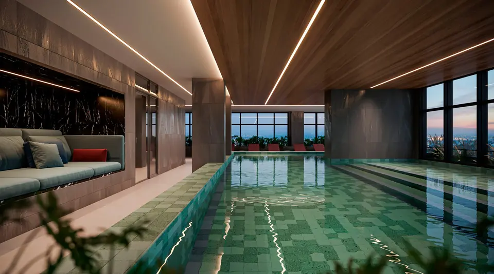 Piscina coberta e aquecida do Closer 23 com fechamento em vidro